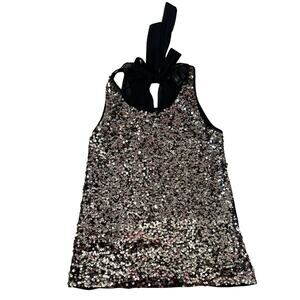 MNG Collection S / M Silver Sequin Sheer Black Bow Tie Back Tank Top Sparkle